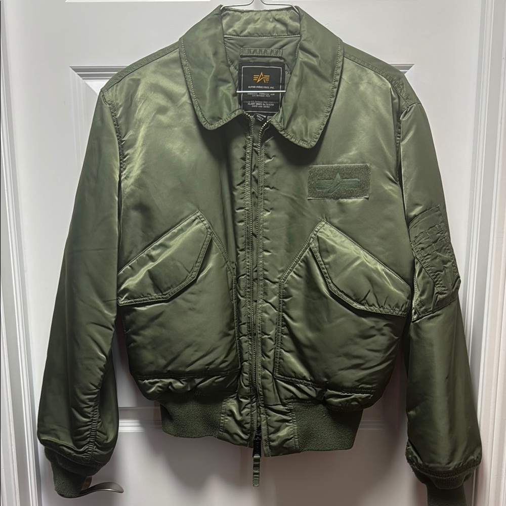Alpha Industries Green Bomber Jacket with Ribbed Cuffs-M